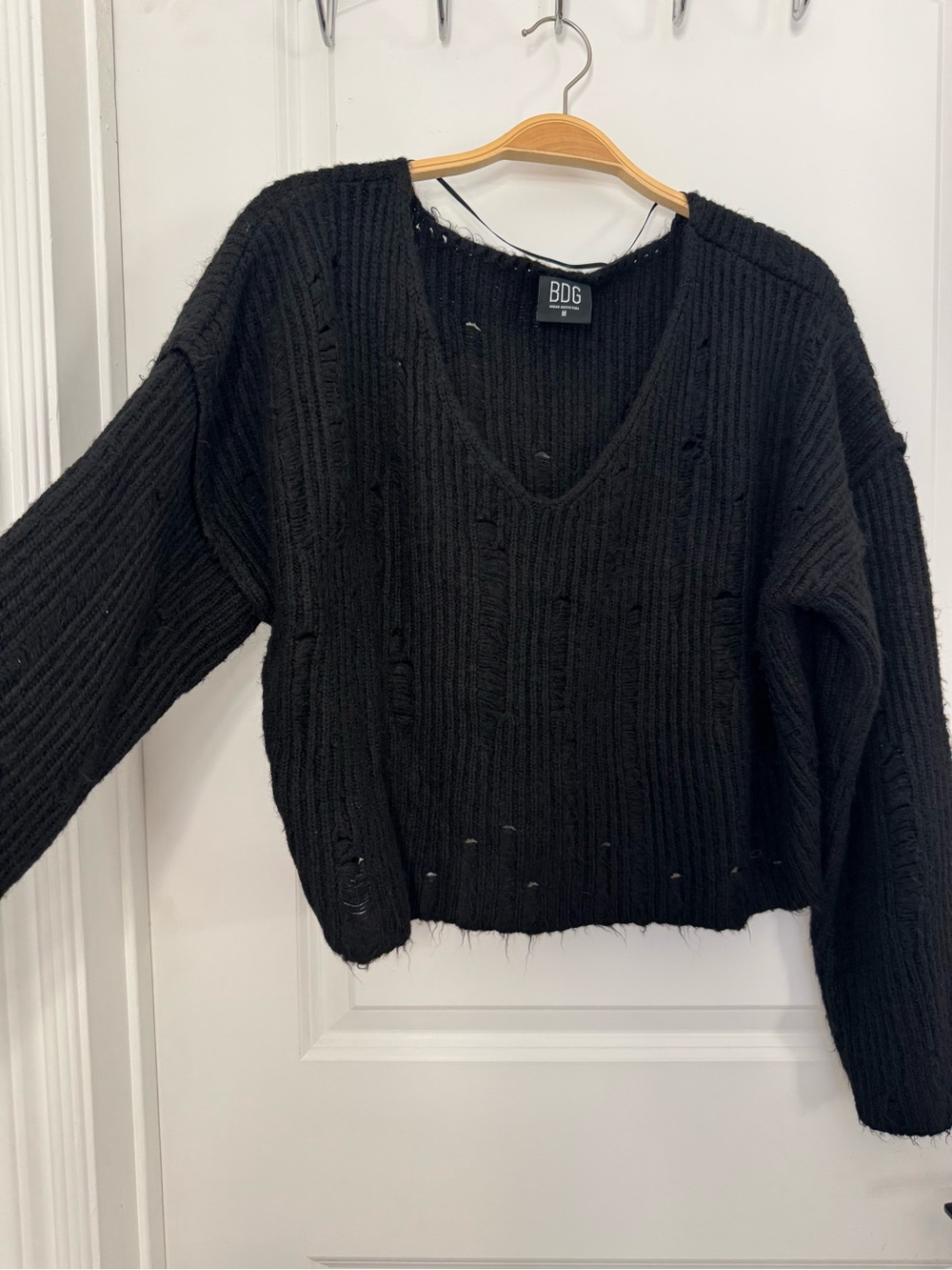 BDG Black V-Neck Ribbed Distressed Pullover Sweater